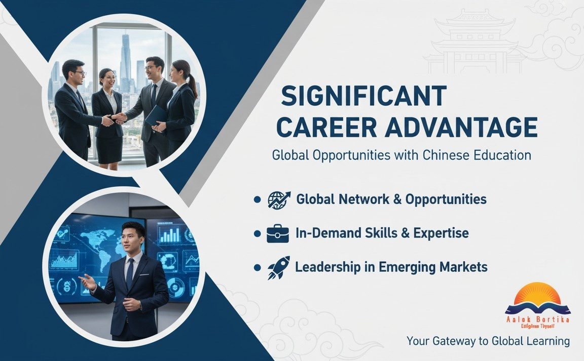 Significant career advantages from Chinese education, showing business professionals and global opportunities. Graphic highlighting significant career advantages for international students graduating from Chinese universities, featuring business networking and professional presentations. Explore global career opportunities and in-demand skills gained from studying in China, leading to leadership roles in emerging markets. Aalokbortika Education graphic detailing the significant career advantage of a Chinese degree, emphasizing global networks and market leadership. China education career benefits, global job market China, in-demand skills, international career advantage, study abroad career boost.